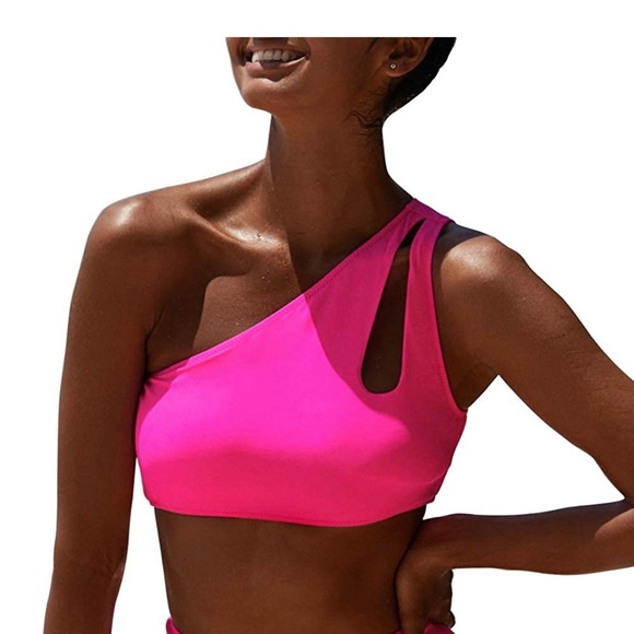 NWOT One Shoulder Bikini Top with Cutout (Neon Rose-Hot Pink) - Picture 3 of 12